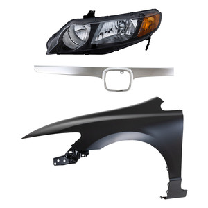 Headlight Kit for 2006-2008 Honda Civic, Left Driver Side, Lens and Housing, Halogen, 3-Piece Set, with Fender and Grille Assembly Replacement