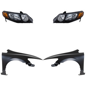 Headlight Kit for 2006-2008 Honda Civic, Right Passenger and Left Driver, Lens and Housing, Halogen, 4-Piece Kit with Fenders, Replacement