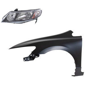 Headlight Lens and Housing Kit for 2009-2011 Honda Civic, Left Driver Side, 2-Piece Halogen Kit, with Fender Replacement