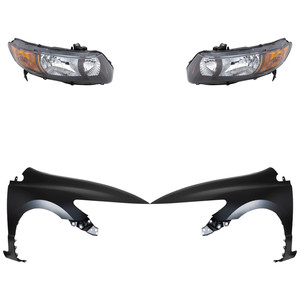 Headlight Lens and Housing Kit for 2006-2008 Honda Civic, Right Passenger and Left Driver, Halogen, 4-Piece Kit with Fenders, Replacement