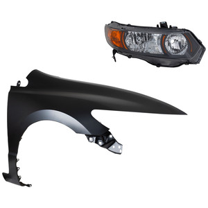 Headlight Kit for 2006-2008 Honda Civic, Right Passenger Side Lens and Housing, Halogen, 2-Piece Kit with Fender, Replacement