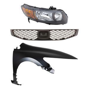 Headlight Kit for 2009 Honda Civic, Right Passenger with Lens and Housing, Halogen, 3-Piece, includes Fender and Grille, Replacement