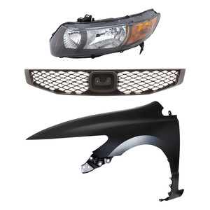 Headlight Kit for 2009 Honda Civic, Left Driver Side with Lens and Housing, Halogen, 3-Piece Set, Includes Fender and Grille, Replacement