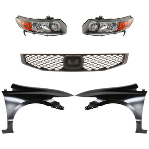 Headlight Lens and Housing Kit for 2009 Honda Civic, Right Passenger and Left Driver Side, Halogen, 5-Piece with Fenders and Grille, Replacement