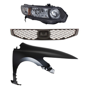 Headlight Kit for 2010-2011 Honda Civic, Right Passenger Side, Lens and Housing, Halogen, 3-Piece, with Fender and Grille, Replacement