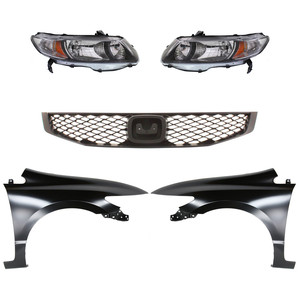 Headlight Kit for Honda Civic 2010-2011: Right Passenger and Left Driver with Lens and Housing, Halogen, 5-Piece set including Fenders and Grille, Replacement
