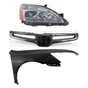 Headlight Right Passenger for 2003-2005 Honda Accord, Lens and Housing, Halogen, 3-Piece Kit, includes Fender and Grille Assembly - (CAPA) Replacement