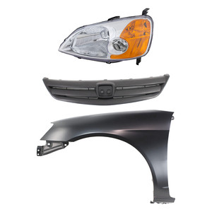 Headlight Kit for 2001-2003 Honda Civic, Left Driver Side, Lens and Housing, Halogen, 3-Piece Set, with Fender and Grille, Replacement