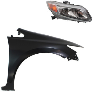 Headlight Assembly Kit for 2012-2012 Honda Civic, Right Passenger Side, Halogen, 2-Piece Kit, Includes Replacement Fender