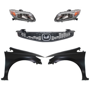 Headlight Assembly Kit for Honda Civic 2012-2012, Left Driver and Right Passenger, Halogen, 5-Piece Kit includes Fenders and Grille - Replacement