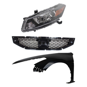 Headlight Assembly for 2008-2010 Honda Accord, Left Driver, Halogen, 3-Piece Kit with Fender and Grille Assembly, Replacement