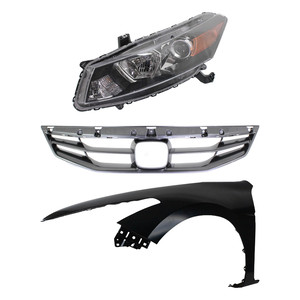 Headlight Assembly Kit for 2011-2012 Honda Accord, Left Driver Side, Halogen, 3-Piece Set with Fender and Grille Assembly Replacement