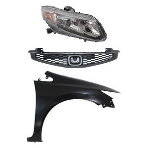 Headlight Assembly Kit for 2013-2013 Honda Civic, Right Passenger Side, Halogen, 3-Piece Set with Fender and Grille, Replacement
