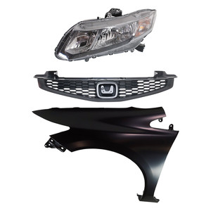 Headlight Assembly Kit for 2013-2013 Honda Civic, Left Driver Side, Halogen, 3-Piece with Fender and Grille, Replacement