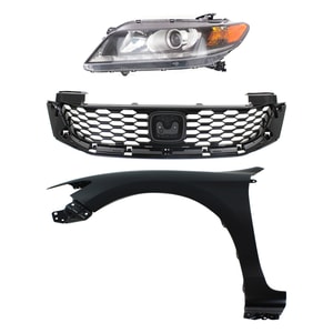Front Fender Kit for 2013-2015 Honda Accord, Left Driver, Primed (Ready to Paint), 3-Piece with Grille and Headlight, Replacement