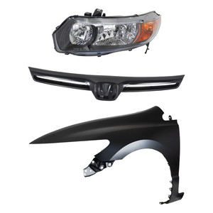 Headlight Kit for 2006-2008 Honda Civic, Left Driver Side, Lens and Housing, Halogen, 3-Piece Set, with Fender and Grille Assembly Replacement