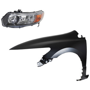 Headlight for 2006-2008 Honda Civic, Left Driver Side Lens and Housing, Halogen, 2-Piece Kit with Fender, Replacement