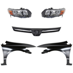 Headlight Kit for 2006-2008 Honda Civic with Right Passenger and Left Driver Lens and Housing, Halogen, 5-Piece Kit, includes Fenders and Grille Assembly Replacement.