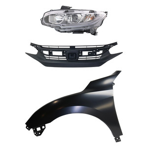 Headlight Assembly Kit for 2016-2018 Honda Civic, Left Driver, Halogen, 3-Piece with Fender and Grille, Replacement