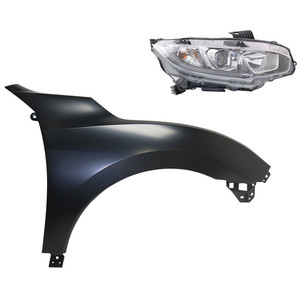 Headlight Assembly Kit for 2016-2018 Honda Civic, Right Passenger Side, Halogen Light, 2-Piece Kit with Fender, Replacement