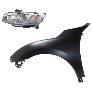 Headlight Assembly for Honda Civic 2017-2018, Left Driver Side, Halogen, 2-Piece Kit with Fender, Replacement