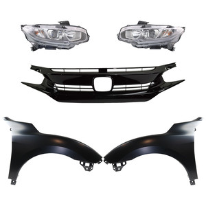 Headlight Assembly Kit for 2017-2018 Honda Civic, Right Passenger and Left Driver, Halogen, 5-Piece with Grille and Fenders, Replacement