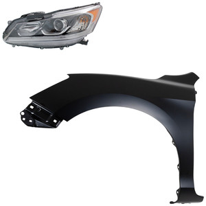 Headlight Assembly Kit for 2016-2017 Honda Accord, Left Driver Side, Halogen, 2-Piece Set with Fender, Replacement 