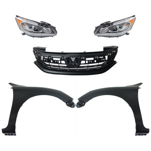 Headlight Assembly Kit for 2016-2017 Honda Accord, Right Passenger and Left Driver, Halogen, 5-Piece Set with Fenders and Grille Assembly, Replacement
