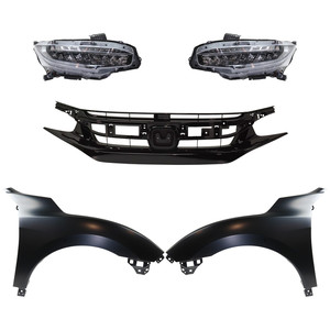 Headlight Assembly Kit for 2019 Honda Civic, Right Passenger and Left Driver, LED, 5-Piece with Fenders and Grille Assembly, Replacement 