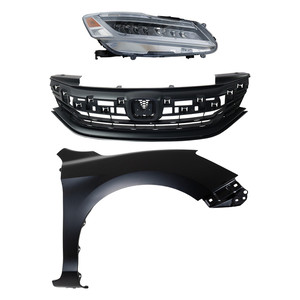 Headlight Assembly Kit for 2016-2017 Honda Accord, Right Passenger, LED, 3-Piece Set with Fender and Grille Assembly Replacement