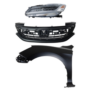Headlight Assembly for 2016-2017 Honda Accord, Left Driver LED, 3-Piece Kit with Fender and Grille, Replacement