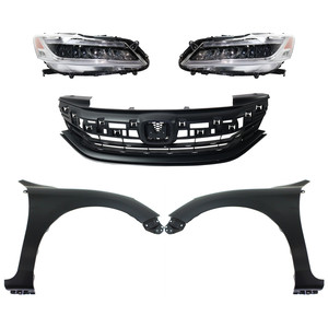 Headlight Assembly Kit for 2016-2017 Honda Accord, Right Passenger and Left Driver, LED, 5-Piece Kit with Fenders and Grille Assembly, Replacement