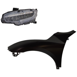 Headlight Assembly Kit for 2019 Honda Civic, Left Driver LED, 2-Piece Kit with Fender, Replacement