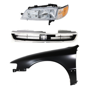 Headlight Assembly Kit for Honda Accord 1994-1997, Includes Left Driver Halogen Light, 3-Piece Set with Fender and Grille, Replacement