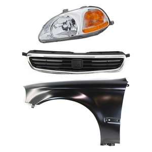 Headlight Kit for 1996-1998 Honda Civic, Left Driver Side, Lens and Housing with Halogen Light, 3-Piece including Fender and Grille Assembly, Replacement