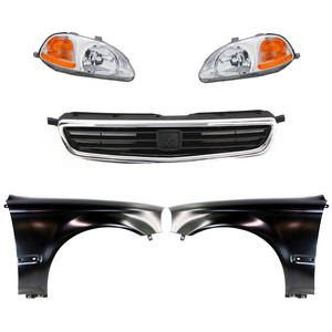 Headlight Kit for Honda Civic 1996-1998, Right Passenger and Left Driver Lens and Housing, Halogen, 5-Piece Kit, with Fenders and Grille Assembly, Replacement