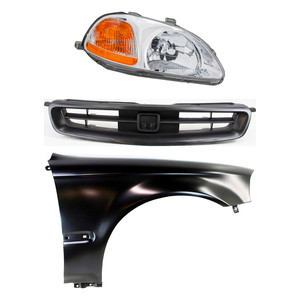 Headlight Kit for 1996-1998 Honda Civic, Right Passenger Lens and Housing, Halogen, 3-Piece Set, with Fender and Grille, Replacement
