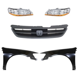 Headlight Lens and Housing Kit for 1998-2000 Honda Accord, Right Passenger and Left Driver, Halogen, 5-Piece Set with Fenders and Grille, Replacement