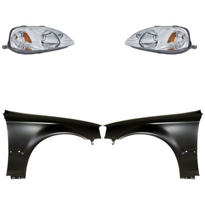 Headlight Kit for 1999-2000 Honda Civic, Right Passenger and Left Driver, Lens and Housing, Halogen, 4-Piece with Fenders, Replacement