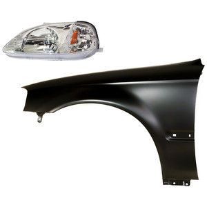 Headlight Kit for Honda Civic 1999-2000: Includes Left Driver Lens and Housing, Halogen, 2-Piece Set with Fender, Replacement