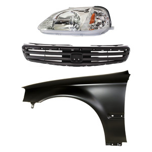 Headlight Kit for Honda Civic 1999-2000, Left Driver Side with Lens and Housing, Halogen, 3-Piece, includes Fender and Grille Assembly, Replacement