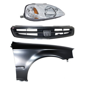 Headlight with Lens and Housing for 1999-2000 Honda Civic, Right Passenger Side, Halogen, 3-Piece Kit including Fender and Grille, Replacement.
