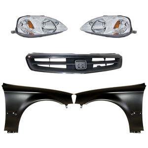 Headlight Kit for Honda Civic 1999-2000, Right Passenger and Left Driver, Lens and Housing, Halogen, 5-Piece with Fenders and Grille, Replacement