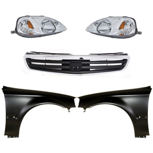 Headlight Kit for 1999-2000 Honda Civic, Right Passenger and Left Driver, Lens and Housing, Halogen, 5-Piece Kit, Includes Fenders and Grille Assembly, Replacement