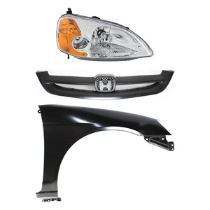 Headlight Kit for 2001-2003 Honda Civic, Right Passenger Side, Lens and Housing, Halogen, 3-Piece with Fender and Grille, Replacement