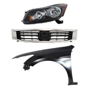 Headlight Assembly Kit for 2008-2010 Honda Accord, Left Driver Side, Halogen, 3-Piece Kit with Fender and Grille, Replacement