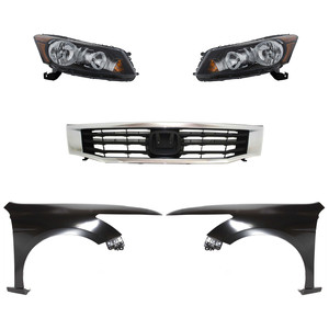 Headlight Assembly Kit for 2008-2010 Honda Accord, Right Passenger and Left Driver, Halogen, 5-Piece Kit, with Fenders and Grille, Replacement