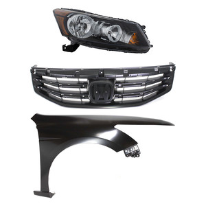 Headlight Assembly Kit for 2011-2012 Honda Accord, Right Passenger Side, Halogen, 3-Piece Kit with Fender and Grille, Replacement