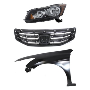 Headlight Assembly for 2011-2012 Honda Accord, Left Driver, Halogen, 3-Piece Kit with Fender and Grille Replacement
