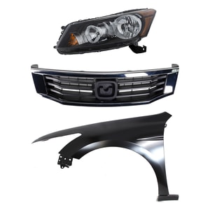 Headlight Assembly for 2008-2010 Honda Accord, Left Driver, Halogen, 3-Piece Kit with Fender and Grille, Replacement